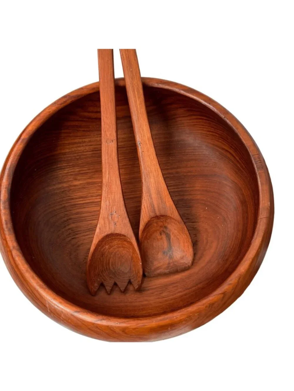 Mid-Century Modern Teak Salad Bowl Set With 4 Small Bowls & 2 Serving Utensils
